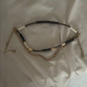 Layered Gold Chain and Black & White Beaded Necklace